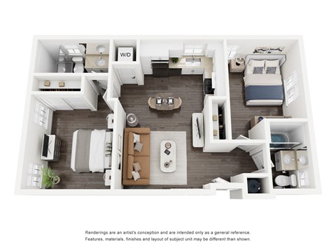 Floor plan for 2 beds, 2 baths, 744 sqft